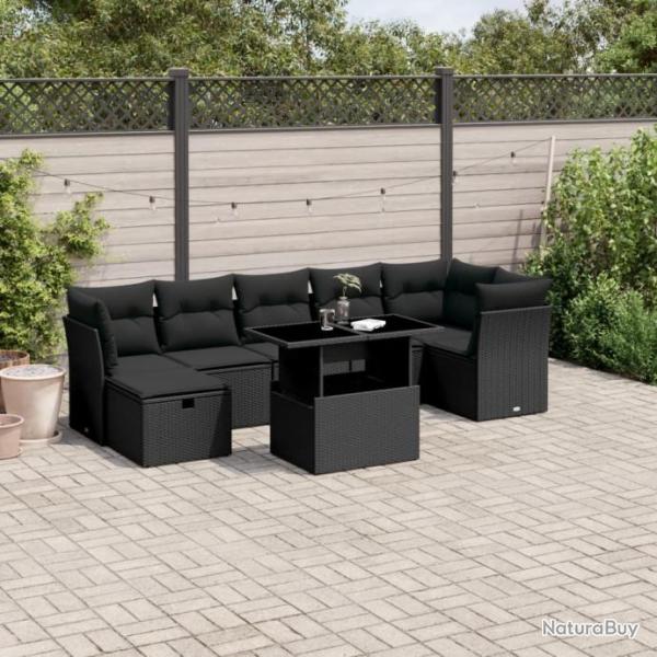 Salon de jardin 8 pcs avec coussins noir rsine tresse