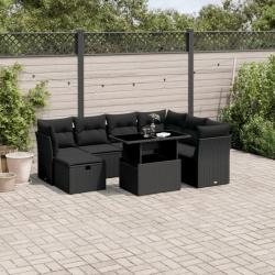 Salon de jardin 8 pcs avec coussins noir résine tressée