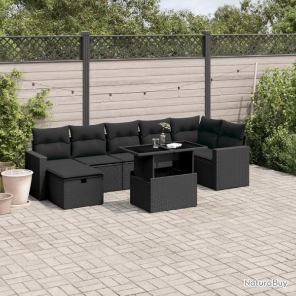 Salon de jardin 8 pcs avec coussins noir rsine tresse