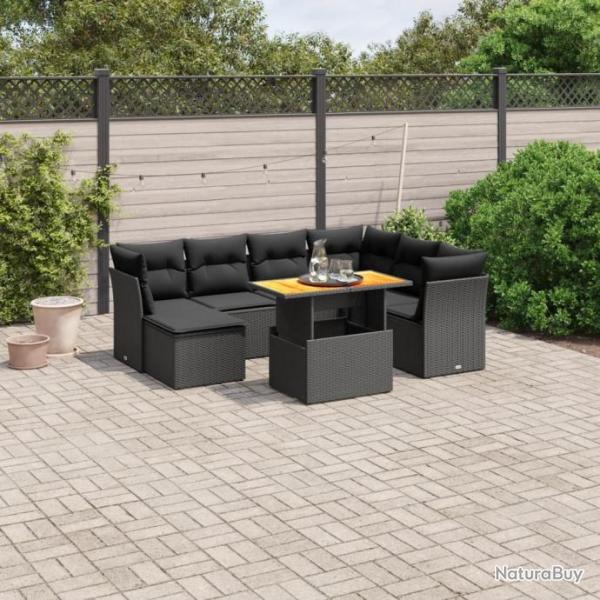 Salon de jardin 8 pcs avec coussins noir rsine tresse