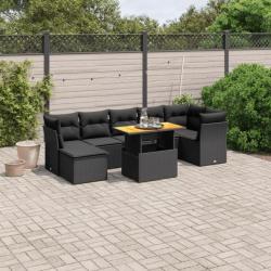 Salon de jardin 8 pcs avec coussins noir résine tressée