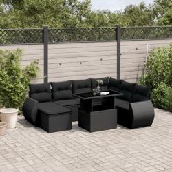 Salon de jardin 8 pcs avec coussins noir résine tressée