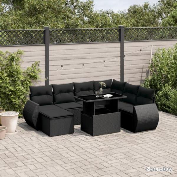 Salon de jardin 8 pcs avec coussins noir rsine tresse