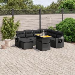 Salon de jardin 8 pcs avec coussins noir résine tressée