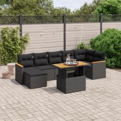 Salon de jardin 8 pcs avec coussins noir résine tressée