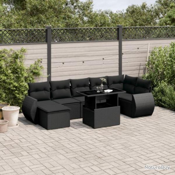 Salon de jardin 8 pcs avec coussins noir rsine tresse