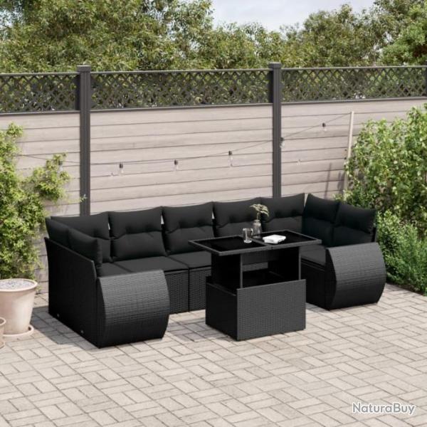 Salon de jardin 8 pcs avec coussins noir rsine tresse