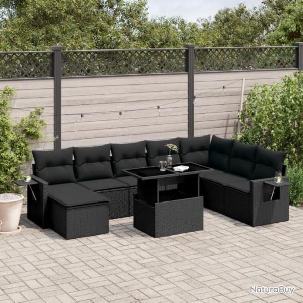 Salon de jardin 8 pcs avec coussins noir rsine tresse