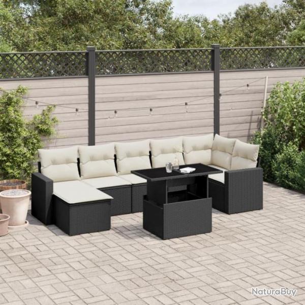 Salon de jardin 8 pcs avec coussins noir rsine tresse