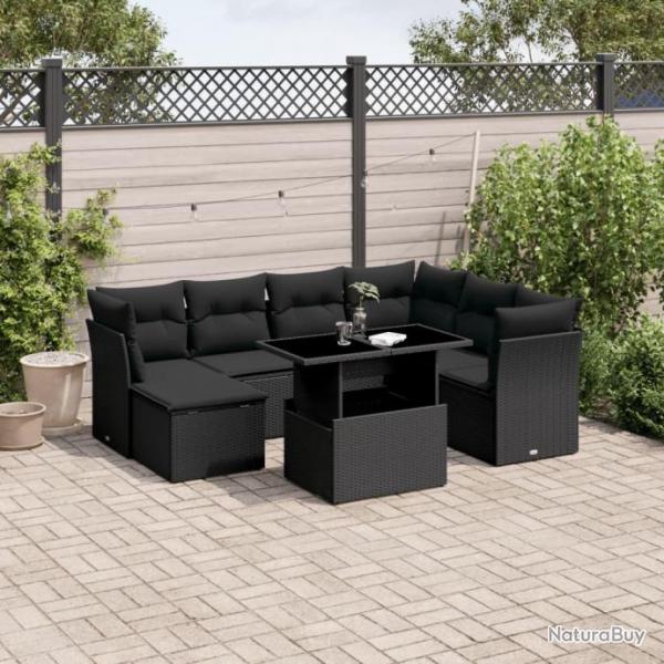 Salon de jardin 8 pcs avec coussins noir rsine tresse