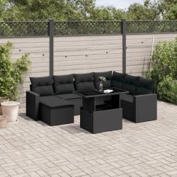 Salon de jardin 8 pcs avec coussins noir résine tressée