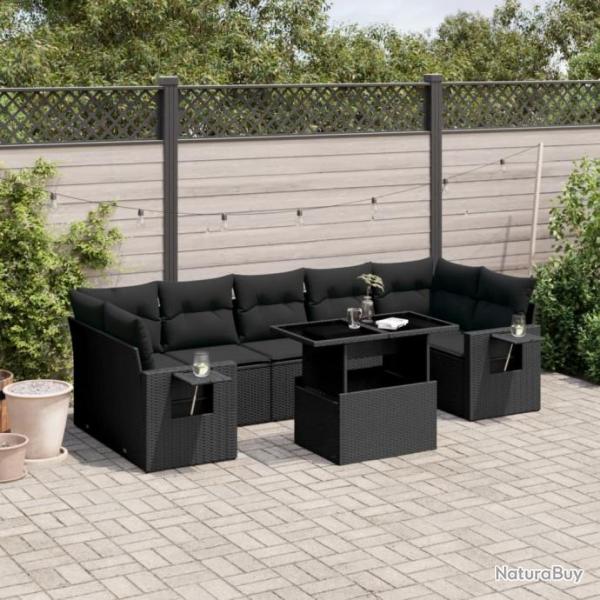 Salon de jardin 8 pcs avec coussins noir rsine tresse