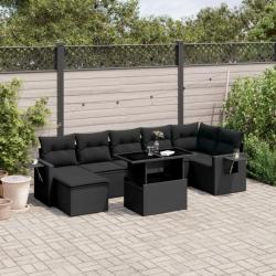 Salon de jardin 8 pcs avec coussins noir résine tressée