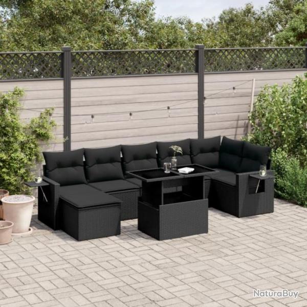 Salon de jardin 8 pcs avec coussins noir rsine tresse