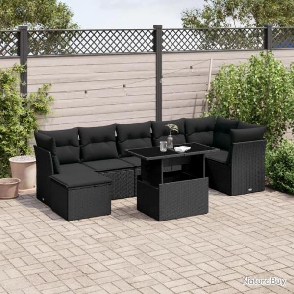 Salon de jardin 8 pcs avec coussins noir rsine tresse