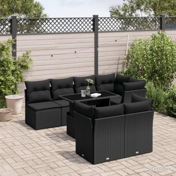 Salon de jardin 8 pcs avec coussins noir rsine tresse