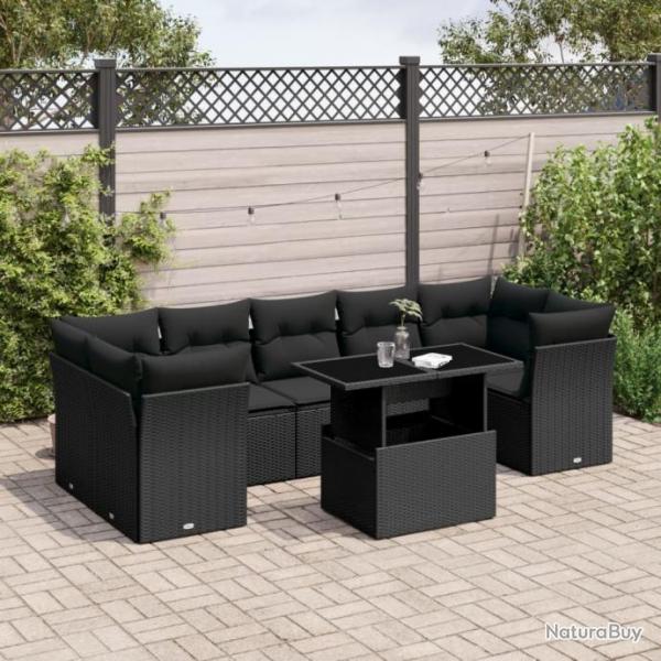 Salon de jardin 8 pcs avec coussins noir rsine tresse