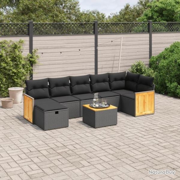 Salon de jardin 8 pcs avec coussins noir rsine tresse