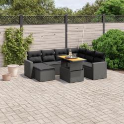 Salon de jardin 8 pcs avec coussins noir résine tressée