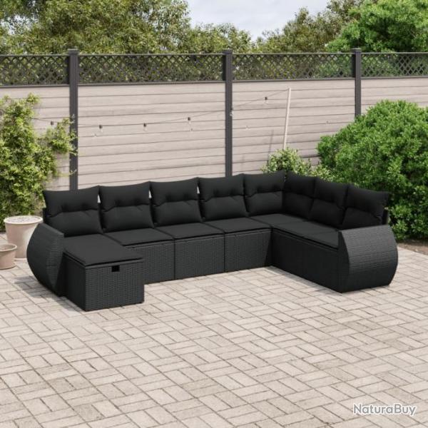 Salon de jardin 8 pcs avec coussins noir rsine tresse