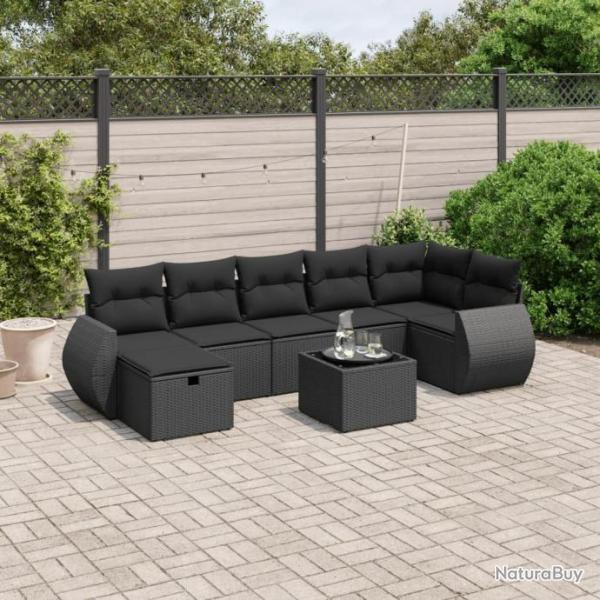 Salon de jardin 8 pcs avec coussins noir rsine tresse