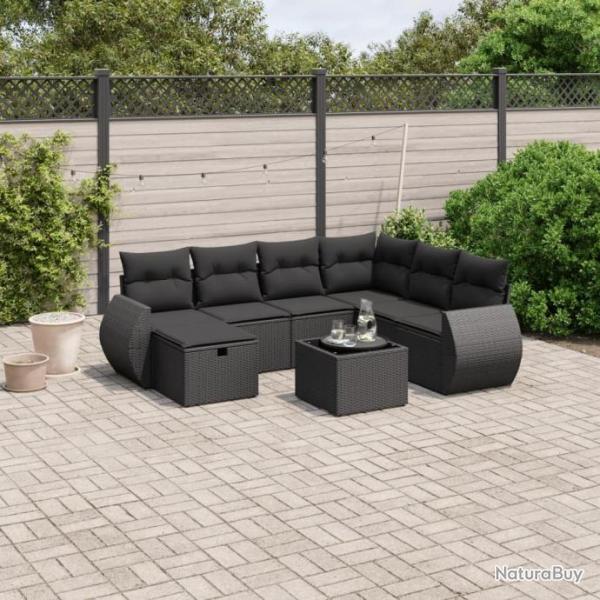 Salon de jardin 8 pcs avec coussins noir rsine tresse