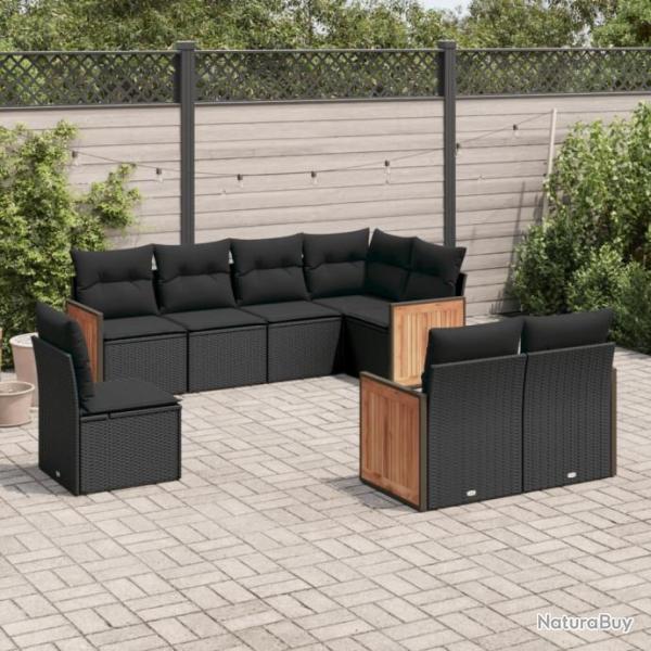 Salon de jardin 8 pcs avec coussins noir rsine tresse