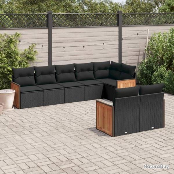 Salon de jardin 8 pcs avec coussins noir rsine tresse