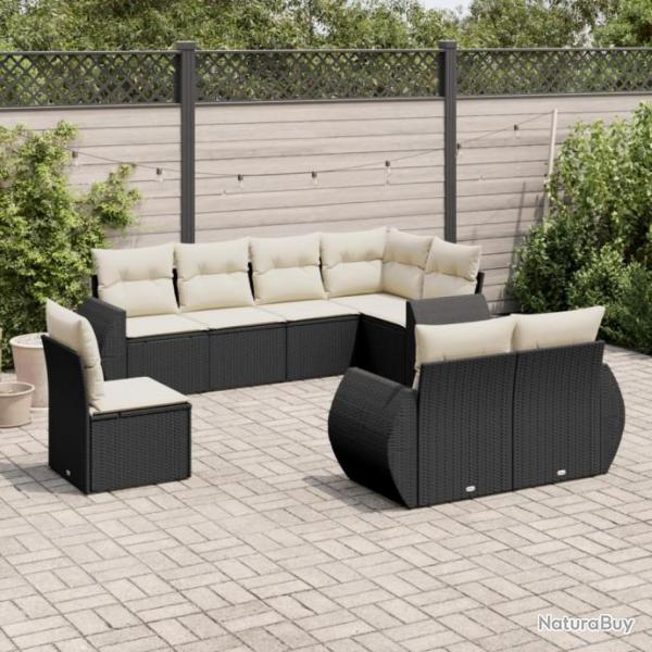 Salon de jardin 8 pcs avec coussins noir rsine tresse