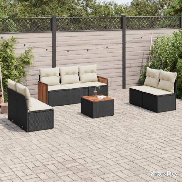 Salon de jardin 8 pcs avec coussins noir rsine tresse