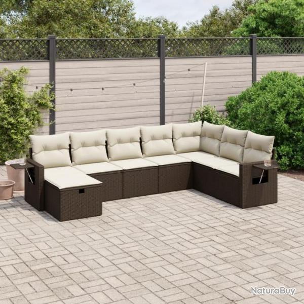 Salon de jardin 8 pcs avec coussins marron rsine tresse