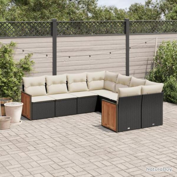 Salon de jardin 8 pcs avec coussins noir rsine tresse