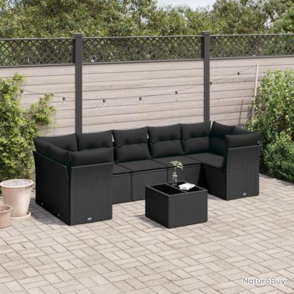 Salon de jardin 8 pcs avec coussins noir rsine tresse