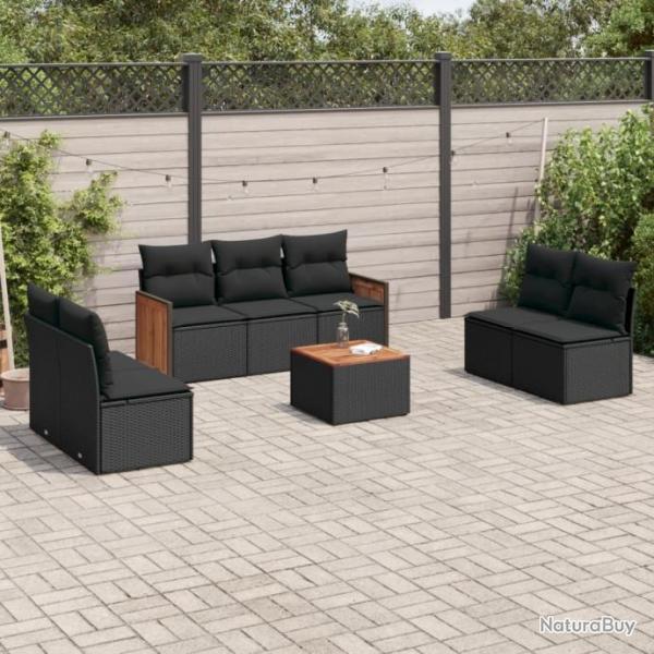 Salon de jardin 8 pcs avec coussins noir rsine tresse