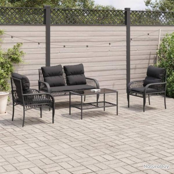 Salon de jardin 4 pcs avec coussins noir rsine tresse