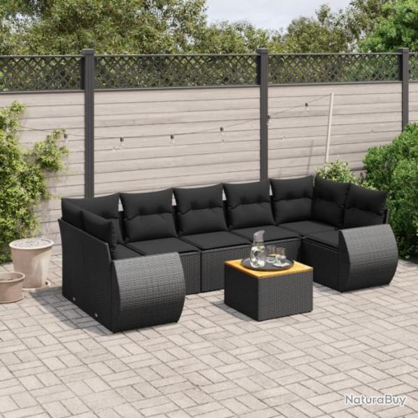 Salon de jardin 8 pcs avec coussins noir rsine tresse