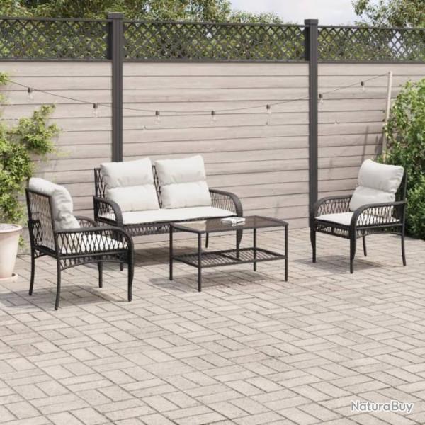 Salon de jardin 4 pcs avec coussins noir rsine tresse