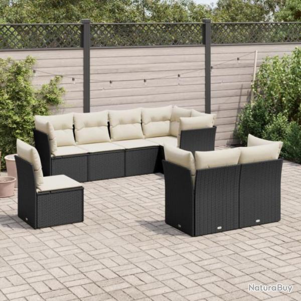 Salon de jardin 8 pcs avec coussins noir rsine tresse