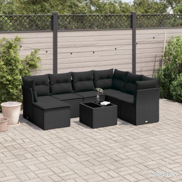 Salon de jardin 8 pcs avec coussins noir rsine tresse