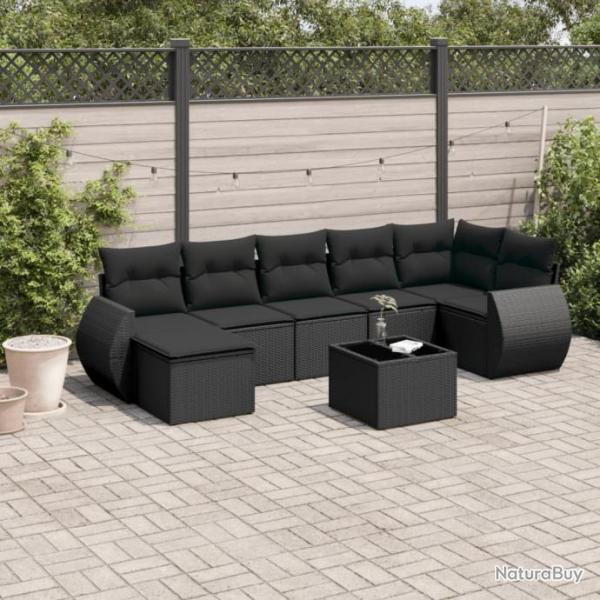 Salon de jardin 8 pcs avec coussins noir rsine tresse