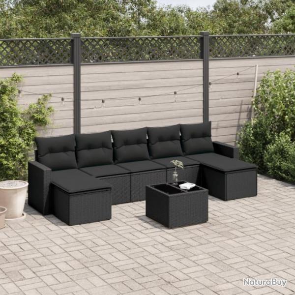 Salon de jardin 8 pcs avec coussins noir rsine tresse