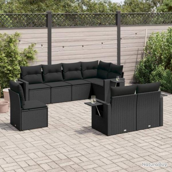 Salon de jardin 8 pcs avec coussins noir rsine tresse