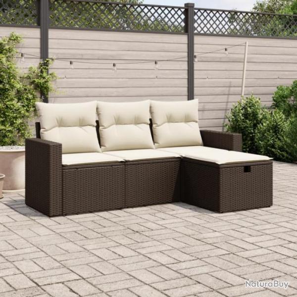 Salon de jardin 4 pcs avec coussins marron rsine tresse