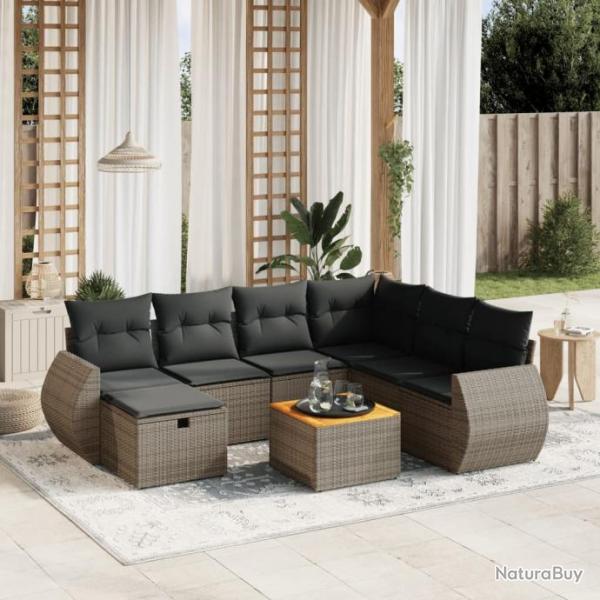 Salon de jardin 8 pcs avec coussins gris rsine tresse