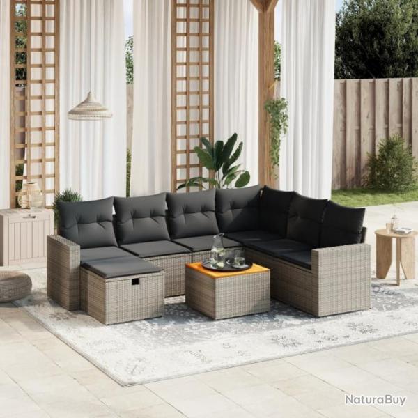 Salon de jardin 8 pcs avec coussins gris rsine tresse