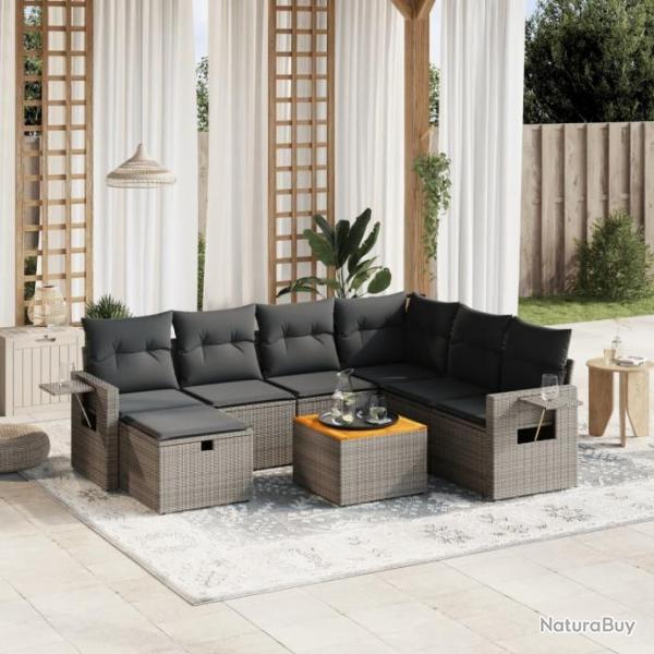 Salon de jardin 8 pcs avec coussins gris rsine tresse