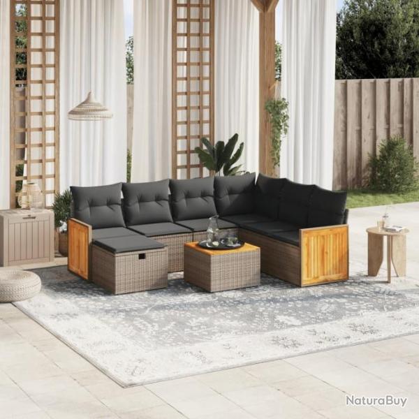 Salon de jardin 8 pcs avec coussins gris rsine tresse