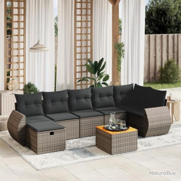 Salon de jardin 8 pcs avec coussins gris rsine tresse