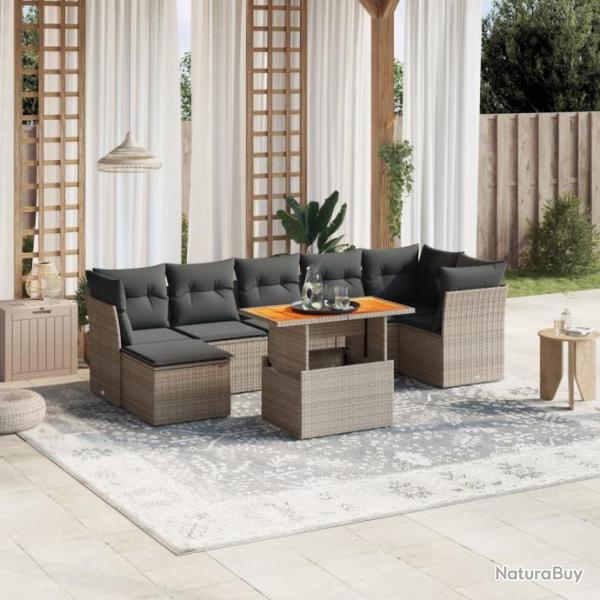 Salon de jardin 8 pcs avec coussins gris rsine tresse