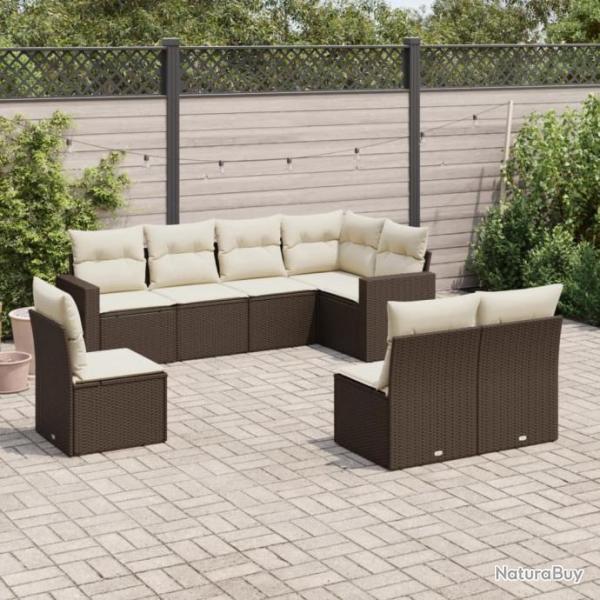 Salon de jardin 8 pcs avec coussins marron rsine tresse